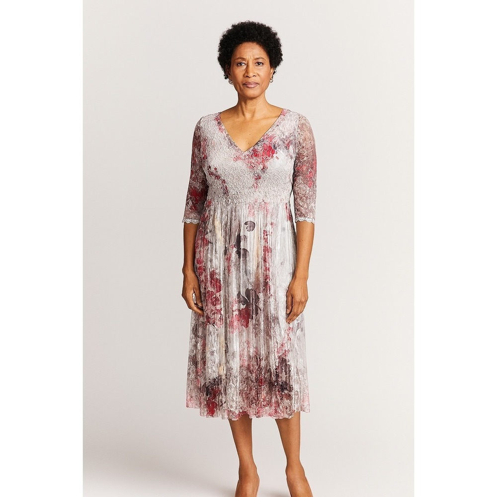 Komarov Midi Dress Women XL Silver Floral Pleated Lace V-Neck 3/4 Sleeve